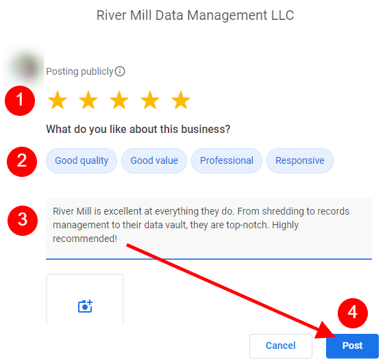 Google review window on desktop with star rating and text box