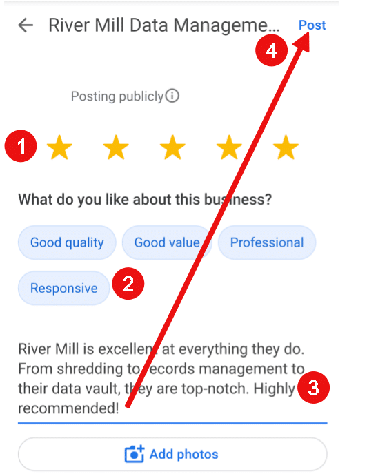 Google review window on mobile with star rating and text box