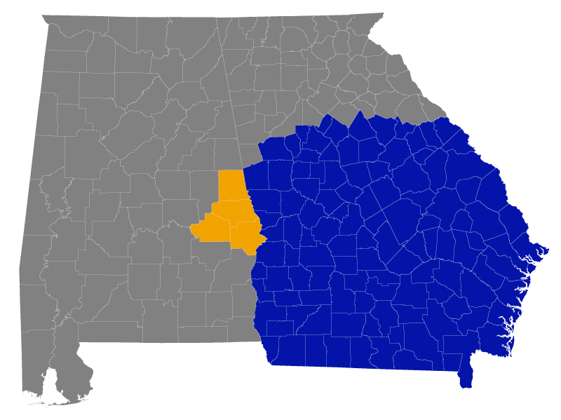 River-Mill-Service-Area-Map-V2 Map of Georgia and Alabama showcasing the River Mill Data Management service area. Counties served in Georgia represented with blue and counties in Alabama served represented in Yellow.