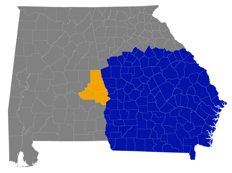 Map of Georgia and Alabama showcasing the River Mill Data Management service area. Counties served in Georgia represented with blue and counties in Alabama served represented in Yellow.