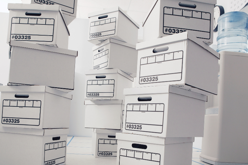 Stacks of file boxes in an office