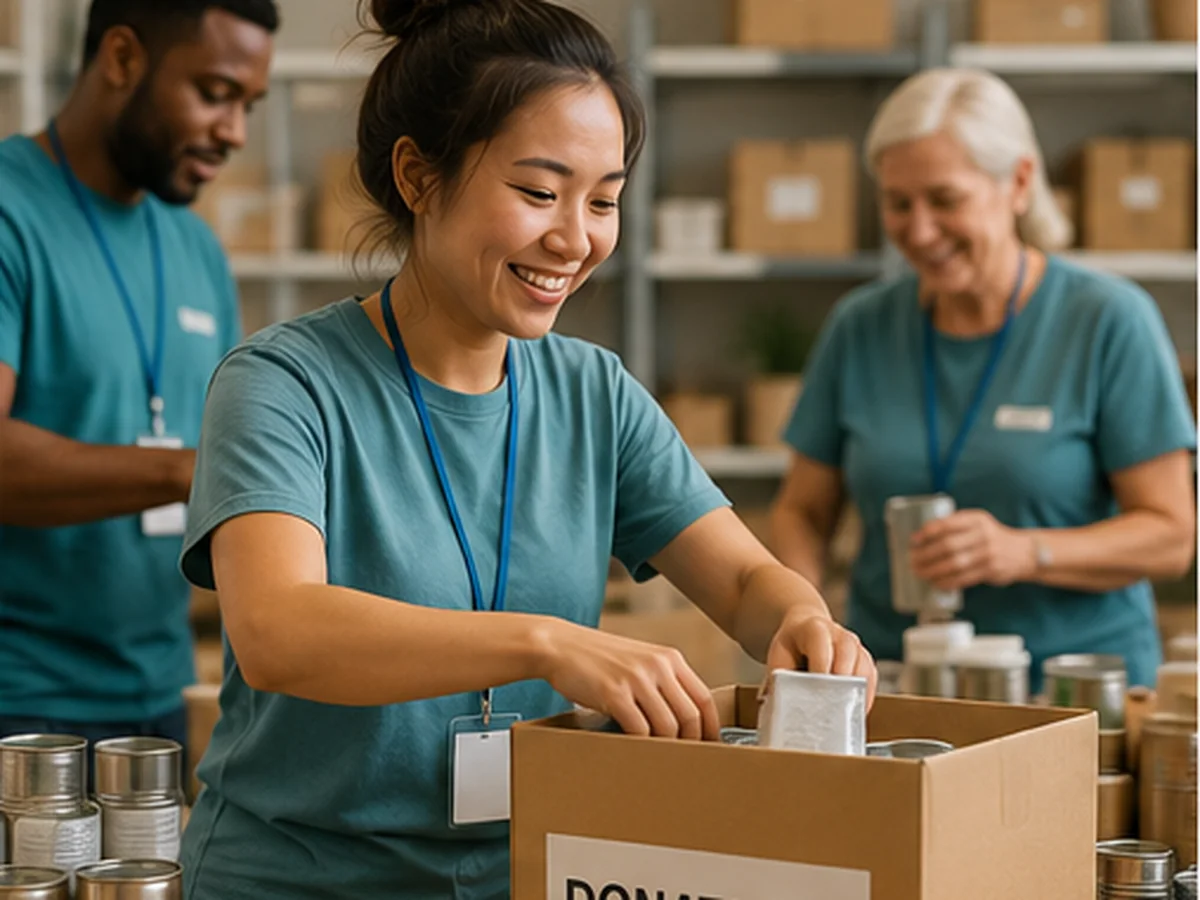 Diverse nonprofit volunteers organizing donated food