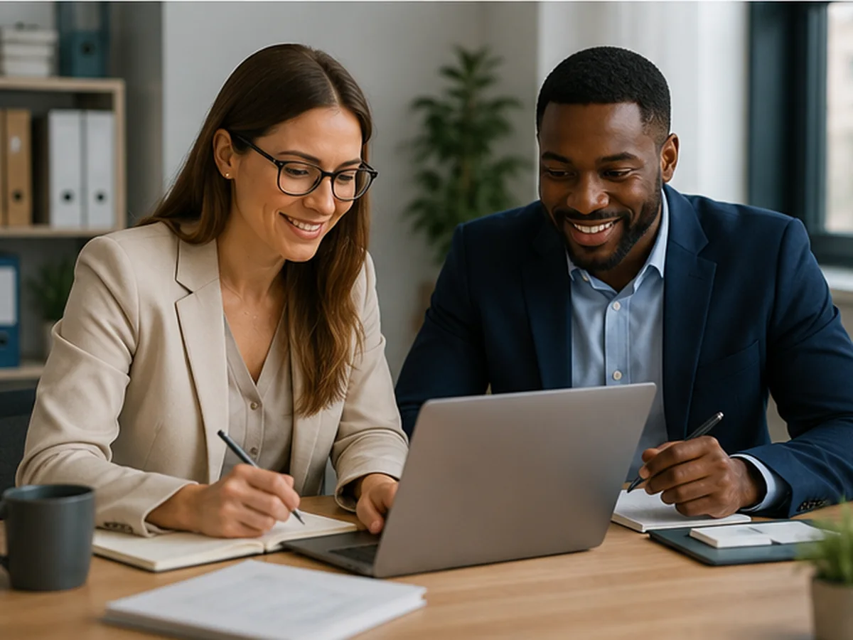 Two professional services colleagues working together at a laptop