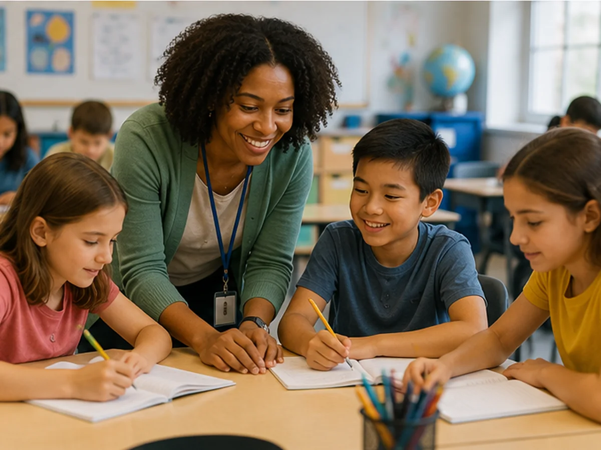Teacher helping a diverse group of children in a classroom